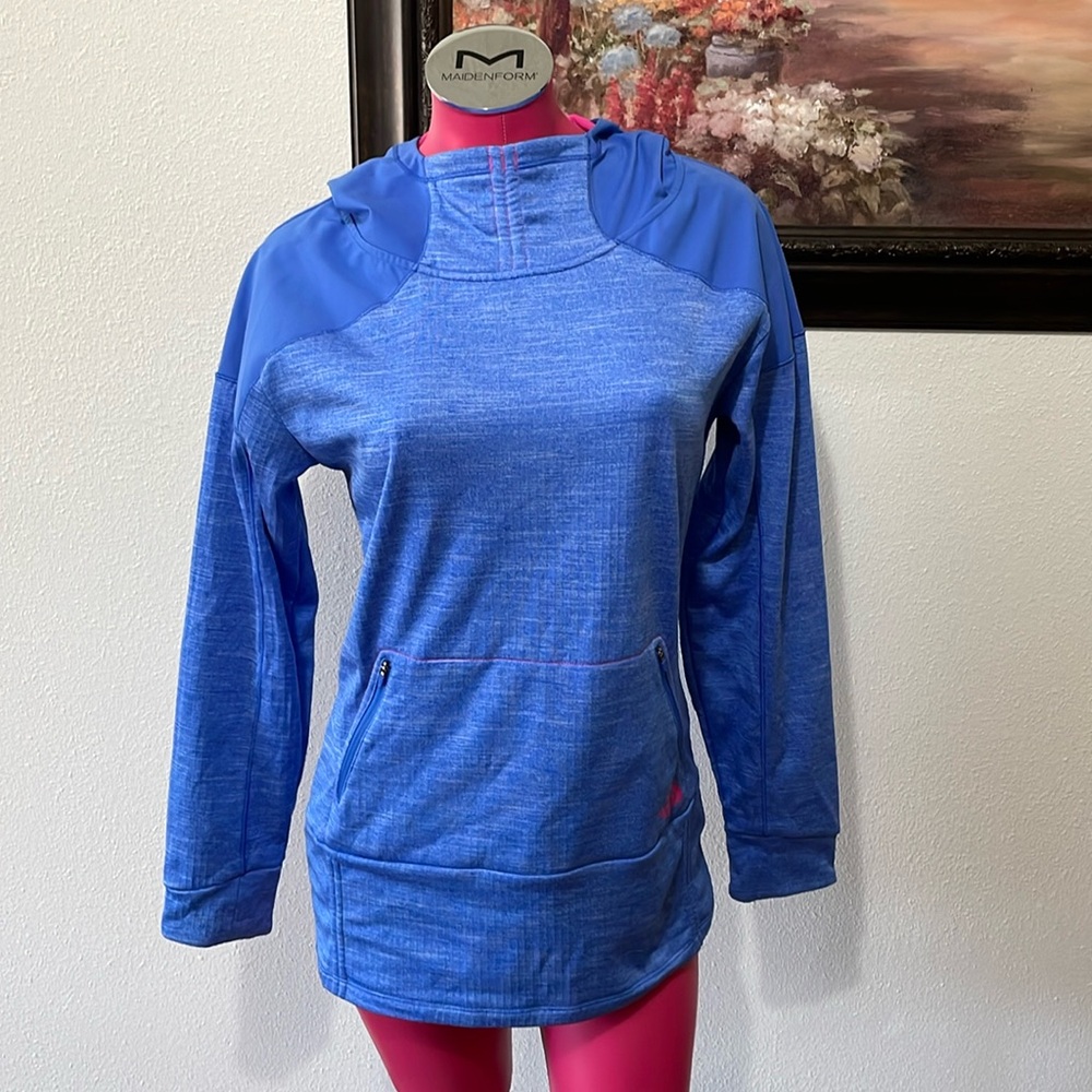 The North Face Hooded Fleece Lined Cinch Sweatshirt Medium Zip Pockets Blue Pink